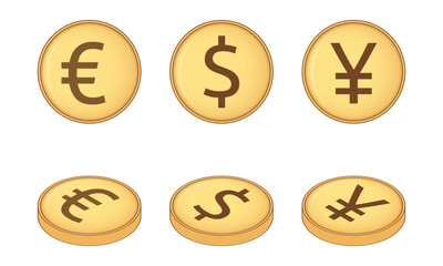Golden coins depicting key global currencies: Euro, Dollar, and Yuan. Set of coins depicted in flat and isometric perspective