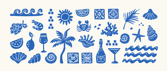 Hand drawn summer illustration set. Italian vacation,ocean and travel. Minimalist line art. Abstract palm tree, lemon, cocktails sun and sea, seashells in doodle sketch. Vector blue silhouettes. © Anna Bova