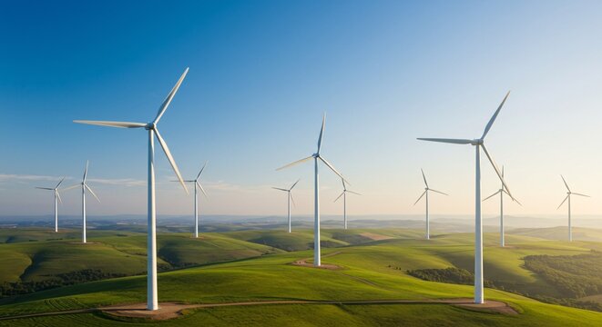 Rows of white wind turbines stretch across rolling green hills under a clear blue sky, illustrating the scale of wind energy and harmony with nature - Powered by Adobe