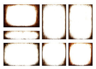 Grunge Rust Frame Overlay Set on Transparent Background. Collection of Aged and Burnt Border Effects Isolated as PNG