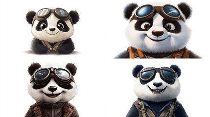 Fototapeta premium Four adorable panda bear pilots with goggles.