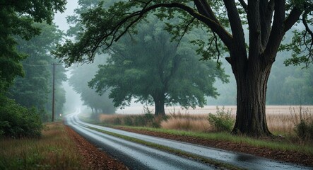 Fototapeta premium Sassafras tree by rural road in light rain background