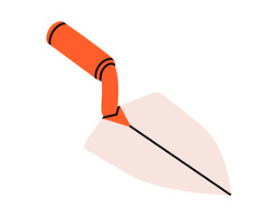 Hand drawn cute cartoon illustration of trowel. Flat vector repair tool doodle. Support service hardware icon. Building or construction instrument. Settings or fix problem. Renovation work. Isolated.