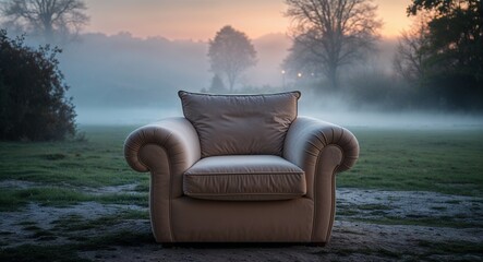 Fototapeta premium Soft armchair with evening mist outside background