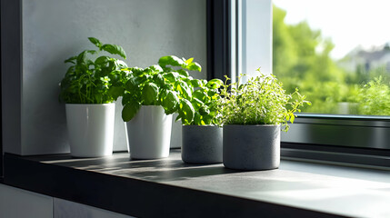 Vibrant Potted Herbs on a Sunny Windowsill