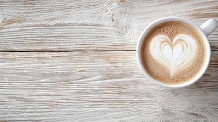 A beautifully crafted latte art heart design in a creamy coffee cup on a rustic wooden surface, perfect for caf&eacute; or food photography and warm beverage visuals.