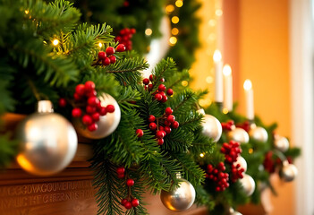 row of christmas decorations on a mantle