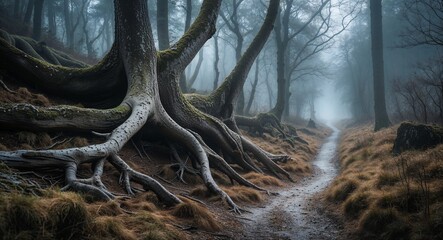 Obraz premium Twisted tree root with misty forest path background