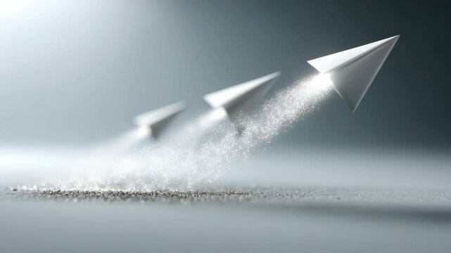 Three paper airplanes take flight, symbolizing creativity, innovation, and the journey of ideas in business.
