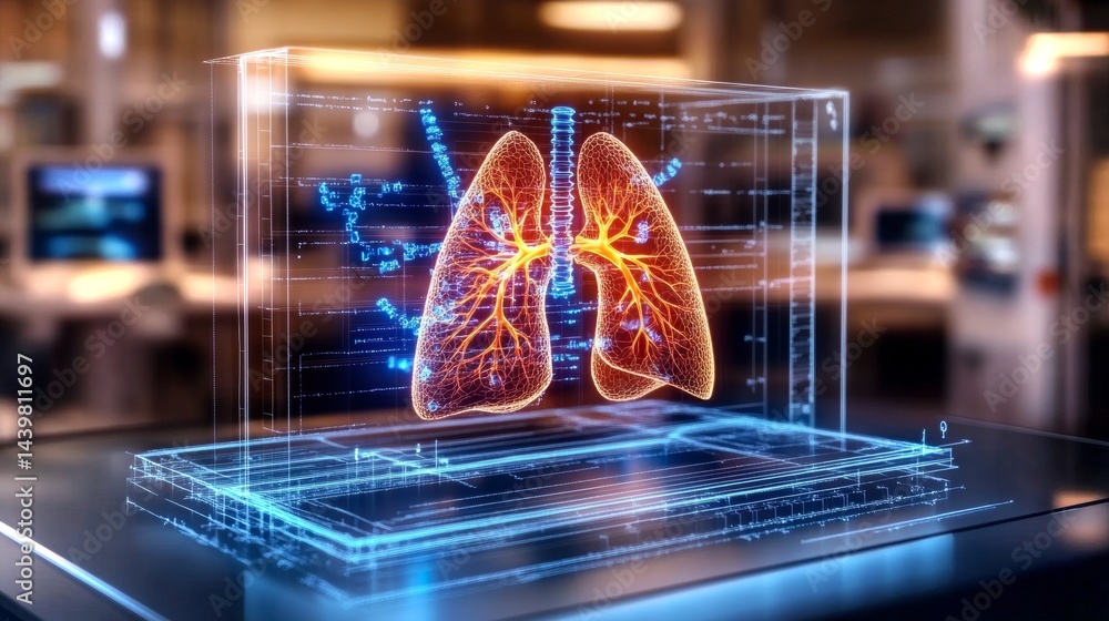 Poster visualizing oxygen diffusion in lungs using advanced holographic tech in a modern lab