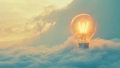 Naklejka premium Glowing lightbulb sits atop fluffy clouds against a sunset sky, symbolizing inspiration and new ideas