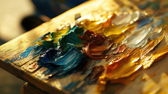 Artistic Palette: An artist's wooden palette displays a vibrant array of fresh oil paints, showcasing the raw essence of creativity and inspiration, ready to transform a blank canvas.