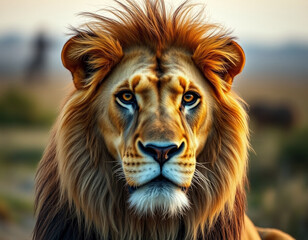 Fototapeta premium A regal male lion staring into the distance under warm sunset light.