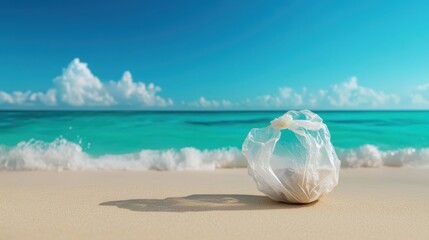 This image vividly captures a piece of plastic waste resting on the pristine sandy beach, showcasing the contrast between nature's beauty and pollution.
