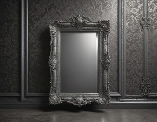 Intricate silver frames against deep damask  Retro style ,  old,  silver,  historic
