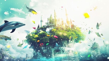 Surreal Floating Island with Fantasy Castle and Colorful Marine Life