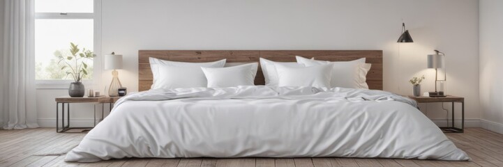King size bed, pristine white sheets and pillows, bright Scandinavian room ,  light,  stock,  rest