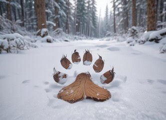 Large bear paw print in pristine snow, winter forest ,  snowy,  big,  traces