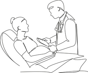 One continuous single drawing line art flat doodle doctor, hospital, pregnant, woman, obstetrician, advice. Isolated image hand draw contour on a white background, hand drawn, not AI