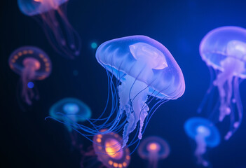 Naklejka premium Luminous jellyfish drifting in dark blue waters.