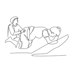 One continuous single drawing line art flat doodle woman, midwife, childbirth, hospital, pregnant, labor. Isolated image hand draw contour on a white background, hand drawn, not AI