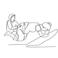 One continuous single drawing line art flat doodle woman, midwife, childbirth, hospital, pregnant, labor. Isolated image hand draw contour on a white background, hand drawn, not AI
