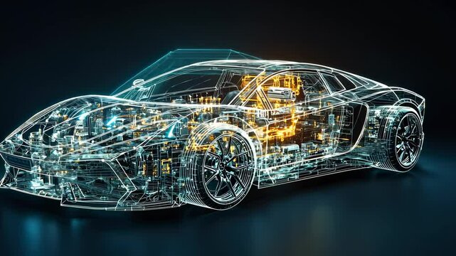 Holographic sports car projection rotating smoothly, revealing internal components and sleek engineering through transparent wireframe design against dark background
