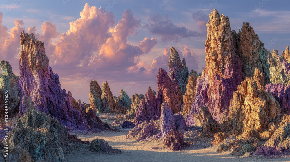 Poster a rocky landscape with a purple sky in the background. the rocks are of different colors and sizes, 