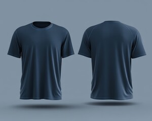 Naklejka premium Sports. Active recreation. Blank dark blue t-shirt mockup front, back view. Sportswear design template for outdoor sports safety. Active wear
