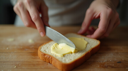 A slice of fresh bread being gently spread with soft butter, ready for breakfast