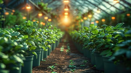 Green plants growing in greenhouse pathway