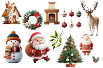 Collection of Christmas Decorations including Santa Claus snowman wreath fireplace ornaments tree reindeer and holiday festive objects for celebration and decor