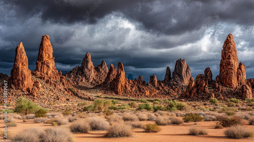 Poster a desolate desert landscape with a storm brewing in the distance. the sky is dark and cloudy, and th