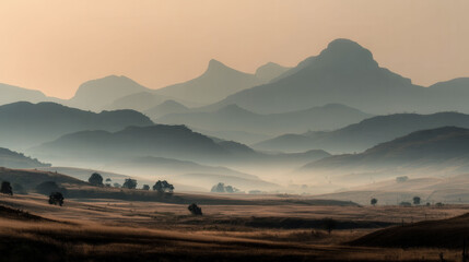 The mountains are covered in a misty haze, creating a serene and peaceful atmosphere. The landscape is vast and open, with a few trees scattered throughout the area