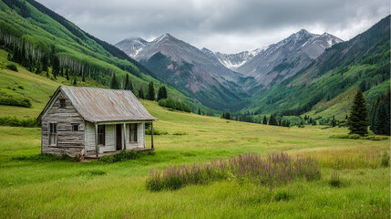A small cabin is in the middle of a grassy field. The cabin is old and has a shingled roof. The field is lush and green, and the mountains in the background create a serene and peaceful atmosphere