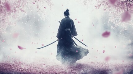 Tranquil Samurai in Cherry Blossom Landscape with Floating Petals
