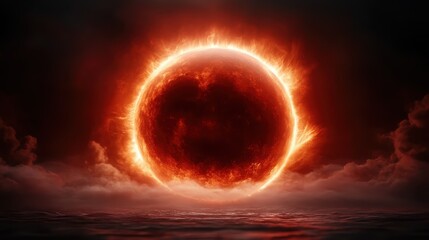 An intense sunset glow illuminates the horizon over a choppy sea, creating a mesmerizing scene filled with emotional depth and dynamic energy, perfect for artistic representation.