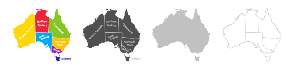 Australia map vector illustration. Australia silhouette continent. High detailed map in flat and outlined style. Template for your design. Vector elements isolated on white background.
