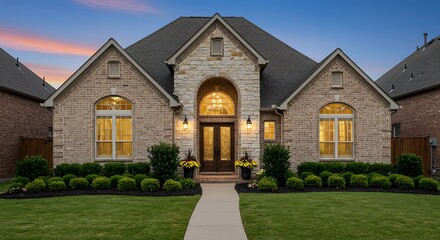 Soft lights illuminate a distinguished brick and stone home with an arched entryway in Prosper, Texas, as the evening sky glows with warm hues.