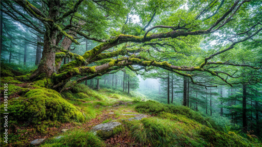 Poster a tree with moss growing on it is the main focus of the image. the mossy tree branches and the lush 