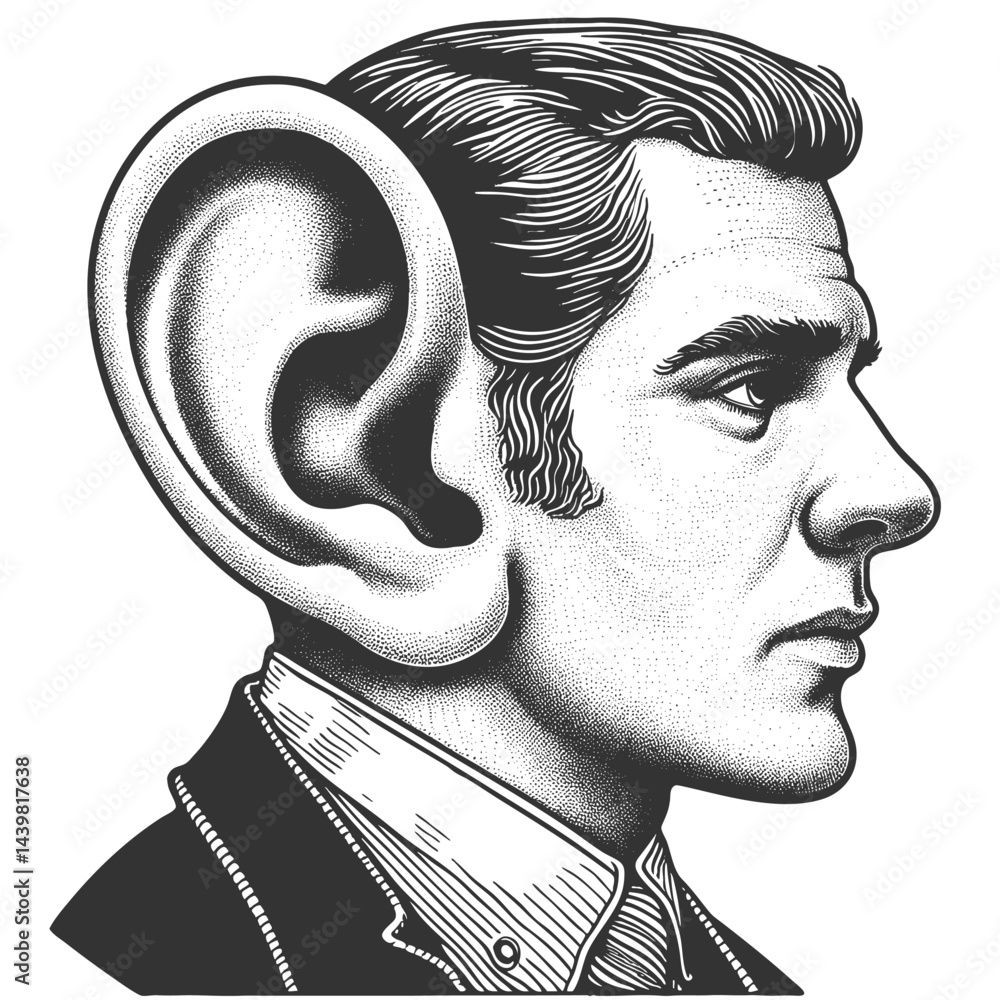 Poster man with an exaggeratedly large ear, blending vintage portraiture with surreal and humorous artistic