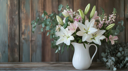 Fototapeta premium Elegant White and Pink Lily Bouquet in Rustic Setting