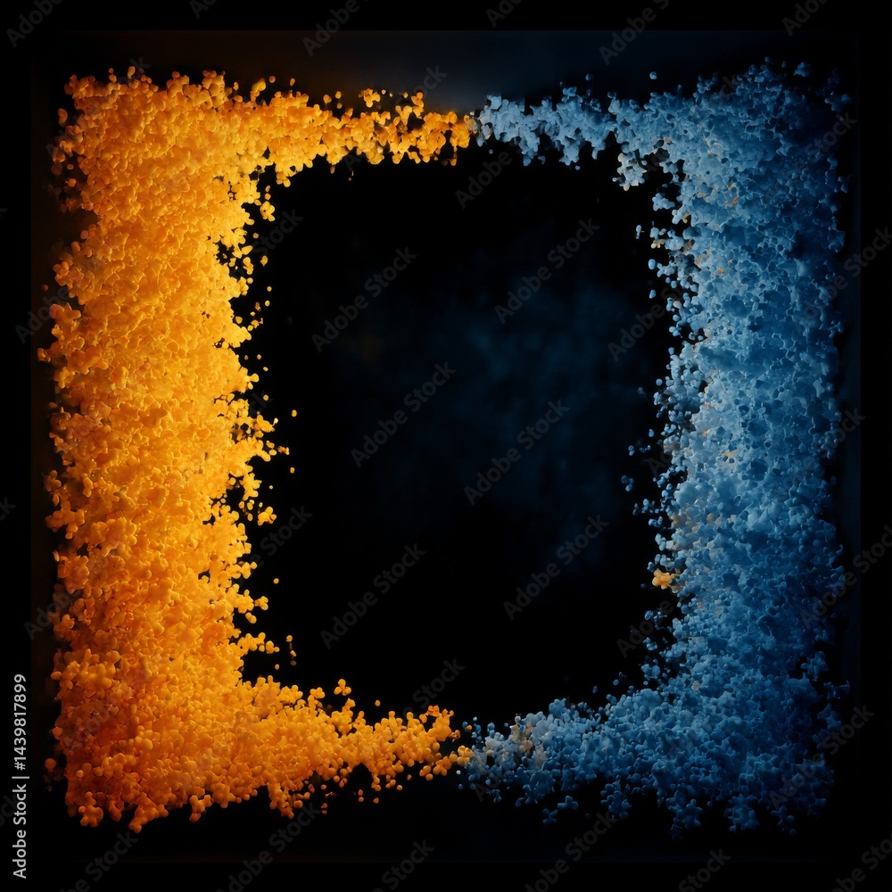Poster Abstract Square Frame: Orange and Blue Spheres on Black Background, 3D Rendering of Particle Frame Effect.