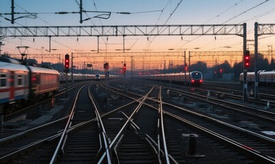 Obraz premium Train Tracks with Trains in Railway Junction