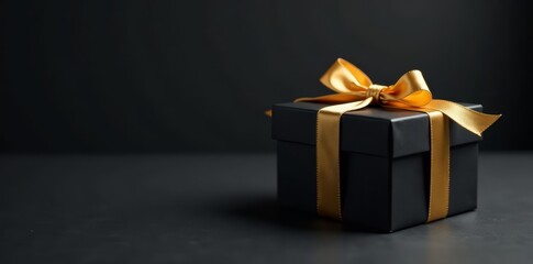 Luxurious black gift box with elegant gold ribbon on dark background, gift, ribbon, box
