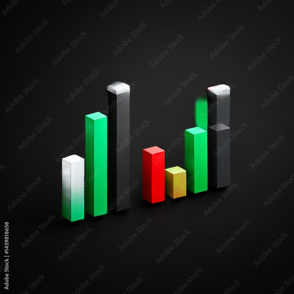 Poster Colorful Isometric Bar Graph on Dark Background Illustrating Data Analysis and Market Trends