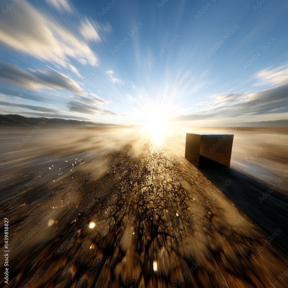 Poster cube in a radiant desert landscape, abstract conceptual scene with a shining sun and dynamic motion 