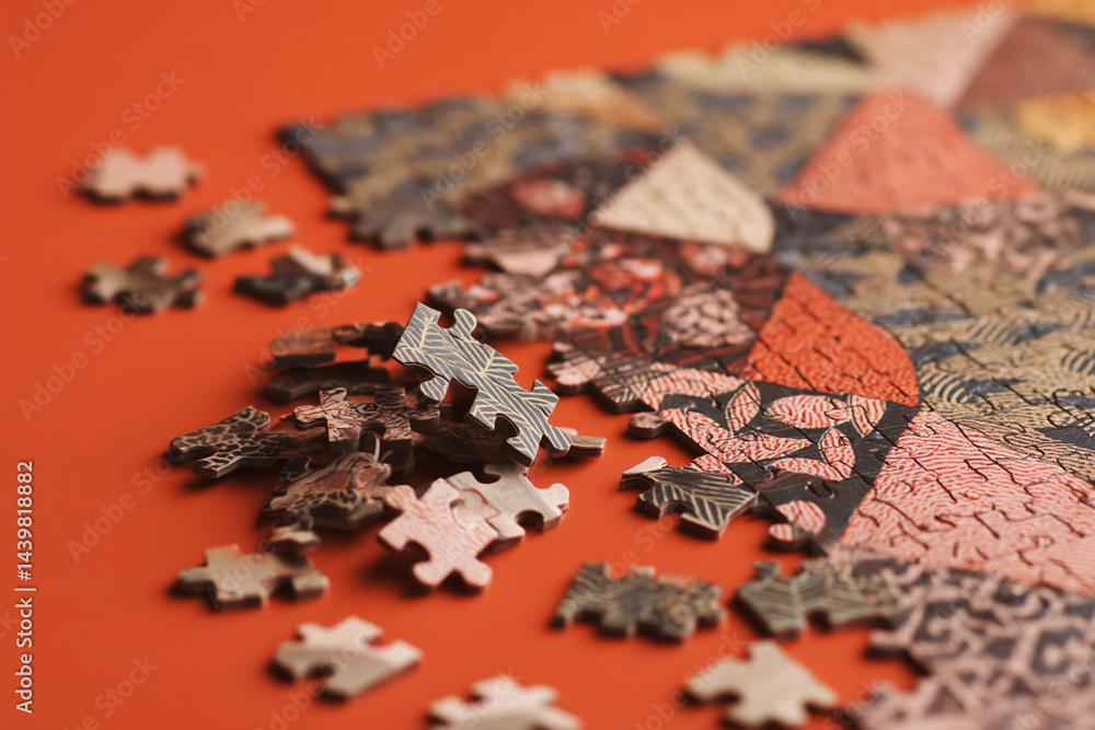 Poster scattered jigsaw puzzle pieces with patterned designs on orange background, showcasing a process of 