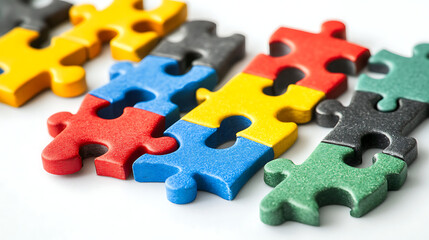 Fototapeta premium A group of diverse illustrated figures assembling colorful puzzle pieces together, only showing arms, hands, and partial bodies, no faces visible, symbolizing teamwork, collaboration, and unity