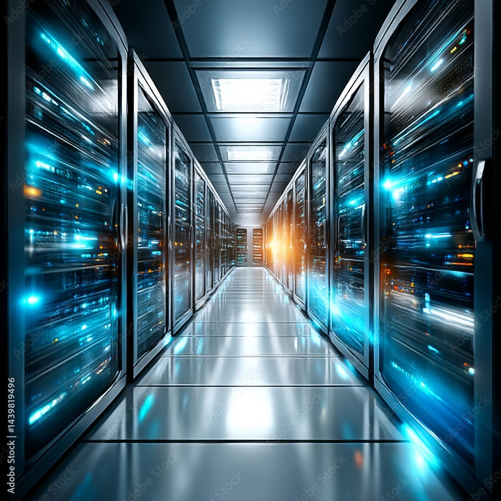 Poster futuristic data center: server racks with blue lights in a modern hallway representing technology an